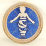 ITALIAN GLAZED BAS RELIEF WALL PLAQUE, in the manner of Della Robbia, featuring a swaddling infant