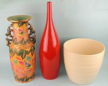 LARGE DECORATIVE MODERN RED GLAZED BOTTLE VASE, 67.5cms (h); together with a modern cream glazed