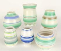 SIX POOLE PICOTEE COLOUR BANDED POTTERY VASES, all c. 1950s, tallest 12.5cms (h), smallest 10.