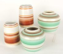 TWO PAIRS OF POOLE PICOTEE POTTERY VASES, with green and brown banded decoration, 12.5 and 11.