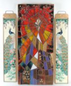 DECORATIVE 1970s MULTICOLOUR GLAZED TILED PANEL, unsigned, mounted on metal frame, 92 x 40cms, two