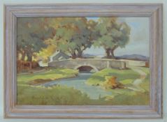 ROBERT JONES (Early 20th Century), oil on canvas - sunlit river landscape with stone bridge, signed,