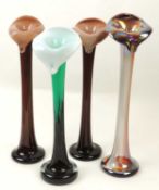 FOUR COLOURED GLASS ORCHID / STEM VASES, tallest 42cms (h); smallest 39cms (h) (4) Provenance: The