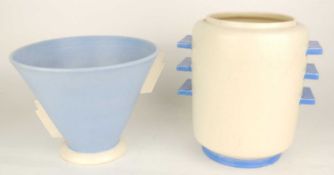 POOLE PLANE WARE ART DECO VASE (164P), finished in magnolia white with blue trim, 21cms (diam.);