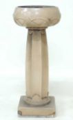 LEEDS FIRECLAY COMPANY PEDESTAL JARDINIÈRE, speckled fawn glaze throughout (chips to the base),