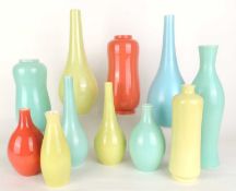 COLLECTION OF POOLE BOTTLE VASES, all finished in pastel shades, c. 1950s, tallest 27cms (h),