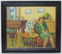 ARTHUR BROADBENT (1909-1994) oil on board - interior scene 'A Letter in Secret', 55 x 65cms