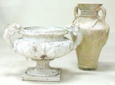 LATE VICTORIAN PAINTED TERRACOTTA WATER LILY GARDEN URN, 54 (h) x 54cms (diam.); together with a