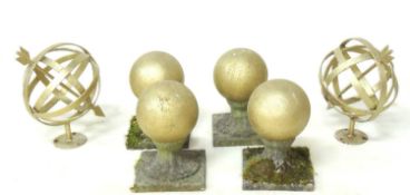 TWO SMALL GOLD PAINTED METAL ARMILLARY SPHERES, 42cms (h); together with four gold painted
