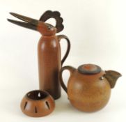 DECORATIVE & UNUSUAL STONEWARE BIRD JUG, indistinctly signed, 39.5cms (h); together with a large