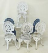 WHITE PAINTED CAST ALLOY GARDEN TABLE & CHAIRS, table 70cms (diam.); together with a further pair of