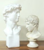 DECORATIVE LARGE PAINTED PLASTER BUST OF DAVID after Michaelangelo, 60cms (h); and a further