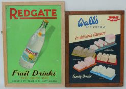 WALL'S ICE CREAM ADVERTISING METALLIC PANEL, 66 x 50cms; and Redgate Fruit Drinks advertising panel,