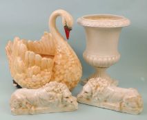 LARGE & DECORATIVE GLAZED POTTERY SWAN BOWL, 46 (h) x 49cms (l); together with a white glazed