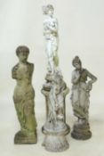 FOUR DECORATIVE RECONSTITUTED STONE FIGURAL GARDEN ORNAMENTS, including a white painted Venus on
