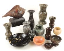 SMALL COLLECTION TURNED STONE VASES AND BOWLS including six in Cornish serpentine, the tallest 25cms