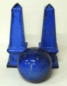 PAIR OF DECORATIVE BLUE GLAZED STONEWARE GARDEN OBELISKS, 81cms (h); and a similarly glazed garden
