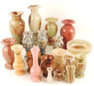 ONYX ALABASTER & OTHER HARDSTONE VASES, 30cms (h) the tallest, onyx pedestal bowl, 17 (h) x 18cms (