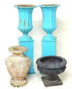 PAIR OF BLUE PAINTED HOLLOW LIGHT SHEET METAL GARDEN PEDESTAL URNS, 125 (h) x 40cms (diam.);