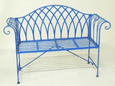 BLUE PAINTED METAL STRAP WORK GARDEN BENCH, modern, 90 (h) x 126 (w) x 46cms (d) Provenance: The