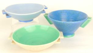 POOLE PLANE WARE ART DECO CONICAL BOWL (182P), finished in streaky blue glaze with green trim, 15cms