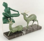 FRENCH ART DECO PAINTED SPELTER SCULPTURE OF TWO DEER, inscribed to the scagliola 'Racho', 45cms (