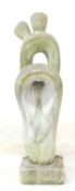 WEATHERED RECONSTITUTED STONE SCULPTURE, Mother and Child, mounted on a square plinth base,
