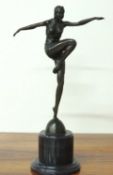 ART DECO STYLE BRONZE FIGURE OF A DANCER, mounted on a composite black marble plinth, 56cms (h)