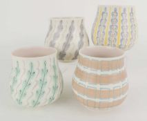 FOUR POOLE POTTERY CONTEMPORARY SMALL VASES, comprising YFP (349), YHS (349), PJB (349), and YFT (