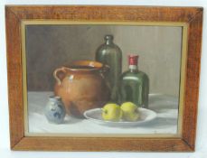 FRANS HASS oil on canvas - still life with apples, bottles and jars, signed, 37 x 50cms