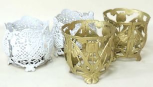 PAIR OF ART NOUVEAU STYLE GOLD PAINTED CAST METAL JARDINIERES, 32 (h) x 32cms (diam.); together with