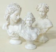 THREE DECORATIVE WHITE FINISH PLASTER BUSTS, constructed of plaster and resin, largest 52cms (h),