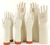 CERAMIC RUBBER GLOVE MOULDS including pair, 51cms, Gol Kar XL glove mould, 45cms (h) and set of four