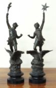 PAIR OF FRENCH SPELTER FIGURES 'NIGHT' & 'DAY', on turned wooden bases, 51cms (h) Provenance: The