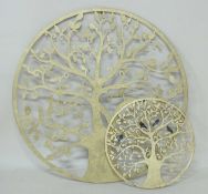DECORATIVE GOLD PAINTED FRETTED SHEET METAL TREE DESIGN WALL PANEL, 100cms (diam.); together with