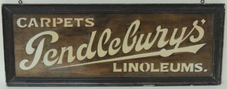 PENDLEBURYS' CARPETS & LINOLEUMS ADVERTISING SIGN, wooden fretwork and opening glass for probably