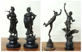 PAIR OF FRENCH BRONZED SPELTER FIGURES, c. 1900, mounted on ebonised wooden socles, 46cms (h);
