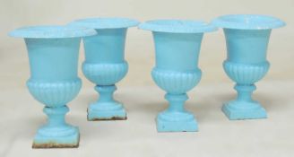 FOUR CAST IRON SMALL CAMPAGNA GARDEN URNS, 42 (h) x 31cms (diam.) Provenance: The collection of