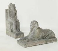 TWO RECONSTITUTED STONE FIGURES, Sphinx, 60cms (h), and Pharoah, 57cms (h) Provenance: The