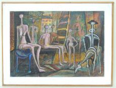 BRIAN BURGESS (b. 1935) oil on board - interior with Don Quixote and other figures, signed, 42.5 x