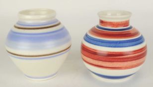 POOLE PICOTEE RED & BLUE BANDED GLOBULAR VASE, c. 1950s, 10cms (h); together with a blue banded