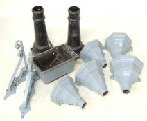 SIX CAST IRON RAIN HOPPERS; together with two metal inspection pipes, 43cms (l); and a pair of