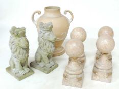 PAIR OF RECONSTITUTED STONE CROWNED LION POST FINIALS, 35cms (h); together with a modern