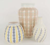 THREE POOLE POTTERY CONTEMPORARY VASES, comprising PQB (595), 23cms (h); YES (185), 12cms (h); and