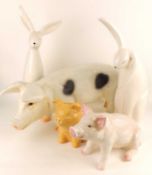 PAINTED RESIN 'OLD SPOT' PIG, 61cms (l); together with two glazed pottery pigs; and two stylised