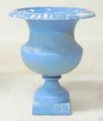 PAINTED CAST IRON PEDESTAL GARDEN URN, plain bodied form with egg and dart rim, 68 (h) x 56cms (