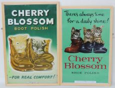 CHERRY BLOSSOM SHOE POLISH METALLIC ADVERTISING PANELS, 'For Real Comfort', 74 x 68cms; and 'There's