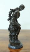 BRONZE SCULPTURE OF A YOUNG LADY seated on a rocky plinth, mid-brown patination, unsigned, mounted