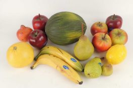 PENKRIDGE POTTERY REALISTIC FRUITS, comprising green melon, apples, pomegranate, lemon,