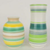 POOLE PICOTEE GREEN & YELLOW BANDED POTTERY VASE, c. 1950s, 16.5cms (h); together with a picotee